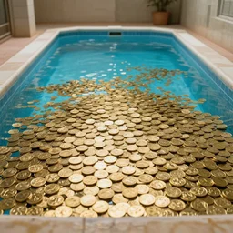 photorealistic photograph of a swimming pool full of gold coins instead of water, pool with coins inside, pool inside a vault, pool with no water in it, pool full of gold coins