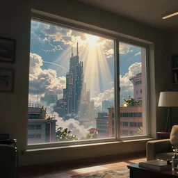 cyberpunk, living room interior, windows, light rays, buildings, dystoptian, gorgeous view, no person, depth, game by Lucas Arts, clouds, tending on artstation