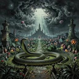 serpent garden at the end of the universe, bursting portal in the sky, distant castle structures, villages staring in awe, by hp lovecraft, otherworldly, by greg rutkowski, thalassophobia, very detailed