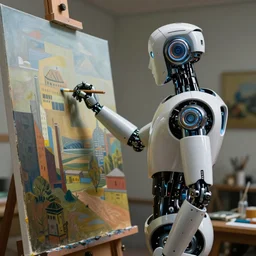 Still of a humanoid robot painting on a canvas, high detail, cinematic, , science fiction concept art by Greg Rutkowski and Moebius and Le Corbusier