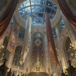 alchemist's polygonal laboratory with giant walls and glass ceilings showing the stars and hanging silk drapery and tapestries, light dust, magnificent, close up, sharp focus, elegant, from below, 8 0 mm lens, highly detailed, illustration, by jordan grimmer greg rutkowski wlop maya takamura, intricate, trending artstation, pixiv, digital art
