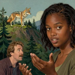a closeup of a young black haired woman talking with a coyote on the top of a forested hill. dynamic conversation, jon macnair, gary baseman, flat matte art, pedro correa, mort drucker, story book, intricate detailed, looking straight into camera