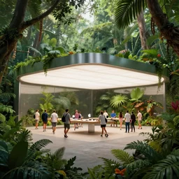 apple store in jungle, concept art by noah bradley, darek zabrocki, tyler edlin, jordan grimmer, neil blevins, james paick, natasha tan, highly detailed, ultra detailed, ultra realistic, trending on artstation