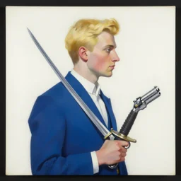 artgerm portrait painting of a blond man in a blue suit with a sword and a pistol, asymmetrical, profile picture, organic painting, sunny day, matte painting, bold shapes, hard edges, street art, trending on artstation, by huang guangjian, gil elvgren, ruan jia, randy vargas, greg rutkowski