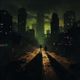 cyberpunk dead city silhouettes dark dying dramatic shadows