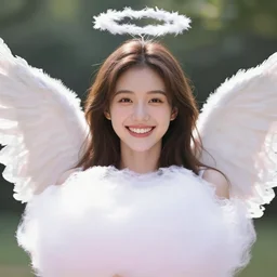 ( ( portrait ) ) happy young lady angel with wings of cotton candy, gorgeous smiling symmetrical face, white clean teeth, surreal beauty, flare, wlop octane render
