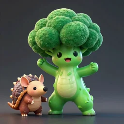 A hyper real comic book style portait painting of a cute broccoli man dancing salsa with a cute armadillo, unreal 5, hyperrealistic, octane render, cosplay, RPG portrait, dynamic lighting