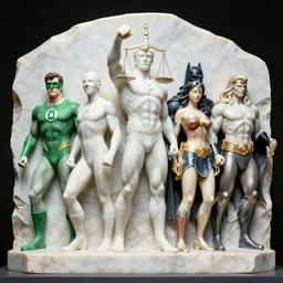 a giant white marble sculpture depicting the Justice league, detailed, intricate Marble sculptures of Green Lantern, Flash, Superman, Batman, Wonder Woman, Aquaman and Martian Manhunter all carved out of one giant Block of Marble
