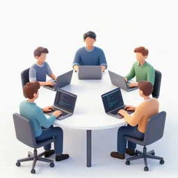 5 men coding on laptops around a table