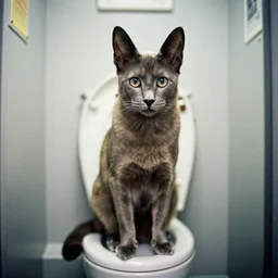 Portra 400 a russian blue cat sitting on top of a german sheppherd in a space toilet