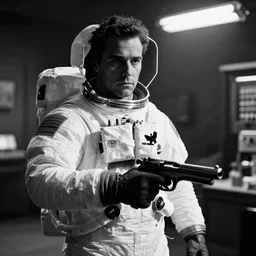 a noir detective astronaut with a gun, black and white cinema, cinematic composition