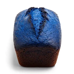 sapphire blue loaf of banana bread, high detail macro photography, isolated on a pure white background, centered, entire object in frame, sharp focus, soft studio lighting