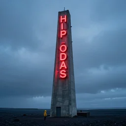 a concrete tower on a icelandic beach, big red neon sign, a small character wearing a yellow hoodie, cloudy day, blue hour by filip hodas, by simon stalenhag, by greg manchess, cinematic, dramatic light concept art, matte painting, tranding on artstation, dystopia
