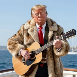 tall donald trump in a fur suit with his face exposed playing guitar on a yacht