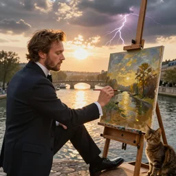 mcgregor is dressed as a gentleman at early 2 0 th century paris. he is watching an easel. that easel has a canvas on it. ewan mcgregor has a brush on his hand. he is painting a painting. there is a small brown cat with yellow eyes on ewan mcgregors feet. on background has river seine, morning sun, golden lights, dark clouds, lightning, by enki bilal