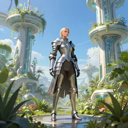 female knight errant in a high tech botanical world with blue skies| pristine metals, glass and plants | solarpunk | artstation | | high detail | Wayne Reynolds, Vincent Callebaut