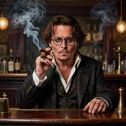 a intricately detailed portrait of an old man speaking to johnny depp, smoking a lit cigar in an pub, a stocked bar, smoke rising like clouds, cantered and balanced, beautifully symmetrical, super resolution, trending on art station, volumetric lighting & shadows, hyper detailed, 8 k, digital art, unreal engine, in the style of a escher, canon 2 0 0 mm,