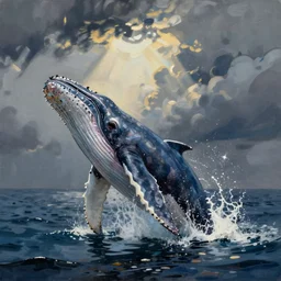 a painting in the style of Ralph Steadman of a humpback whale breaching the surface
