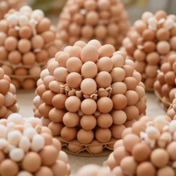 several hundred eggs stacked into shapes