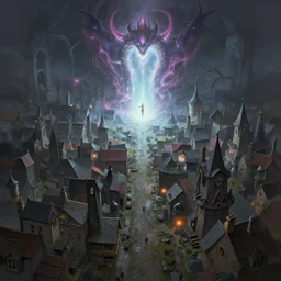 matte painting of a small town with a demonic magical ethereal portal!!! ( in the style of noah bradley and raphael lacoste and ruan jia and marc simonetti )