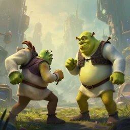 hyperrealism fantasy shrek fight scene with characters from league of legends portrait, digital art, wallpaper of an fantasy fight, background of sci fi city in fog, diffused lighting, 8 k dop hdr
