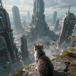 fantasy cat looking down on huge cyberpunk style city, high detail, fantasy art, concept art, 4 k, ultra detail, computer art