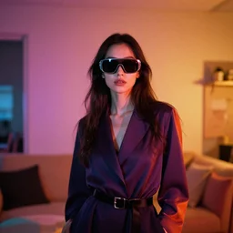 a vibrant photograph of a woman with googles, wide shot, in doors, colourful lighting warm and cold, editorial fashion photography, from vogue magazine