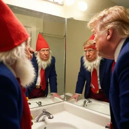 ultra wide angle photo of donald trump wearing a looking at himself in a bathroom mirror and seeing his reflection dressed as an oompa loompa