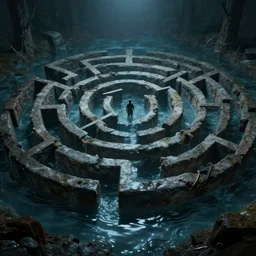 labyrinth half filled with water, dynamic, scary, detailed, cinematic, dramatic lighting, by kelly freas