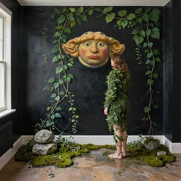 painting of an artist in her apartment, wrapped in vines, black walls, puddles, moss, stone, acrylic on canvas, by magritte and monet