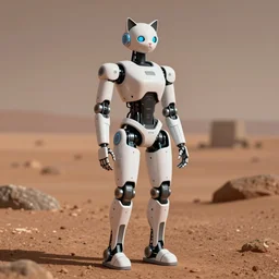 high quality presentation photo of a cat-like female robot on mars, photography 4k, full body, f1.8 anamorphic, bokeh, 4k, Canon, Nikon
