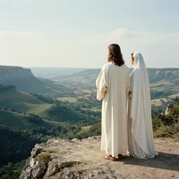 a unique analog photo of jesus and mary magdalene standing on a cliff looking over a beautiful landscape, award winning photo, very realistic