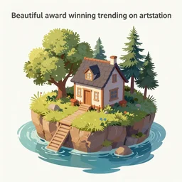 “digital painting of a house on an island in the style of angrymikko, Procreate, beautiful, award winning, trending on artstation”