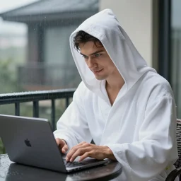 a guy with blue eyes, he is in a white robe with a hood, he is looking at the macbook laptop, he is working at the laptop, he has a pride expression on his face and a little smile, he is on a balcony of a hotel, it is raining outside, we can see the rain goes on the balcony, highly detailed, sharp focus, unreal engine 5, 8 k