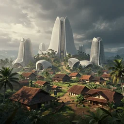 establishing shot of a kerala village, architectures by zaha hadid, an epic fantasy, dramatic lighting, cinematic, extremely high detail, photorealistic, cinematic lighting, matte painting, artstation, by simon stalenhag, horizon forbidden west