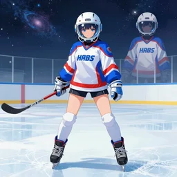a female anime cyberpunk super star ice hockey player, wearing a light futuristic equipment and  conceptual space helmet, habs jersey with blue white and red color blocking, character concept exploration, outfit designs, trending on artstation, biggest ice rink in the galaxy