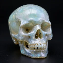 opalescent gemstone single skull sculpture in black background, shiny, photography, photorealism, digital art