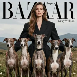 professional portrait of a beautiful woman, blue whippets, simon stalenhag, chie yoshii, casey weldon, martine johanna, tim walker, harper's bazaar art fashion magazine, intricate, 8 k render in octane, sharp focus, professional pet photography, award winning landscape photography, dog portraits, whippet lovers