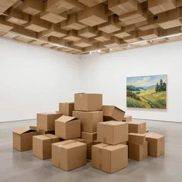 a pile of cardboard boxes filled to the ceiling in a modern art gallery, with a parque floor, a single detailed landscape painting by anthony copely fielding on the back wall.