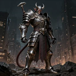 a full body shot of a demon warrior by Takeshi Obata,colored by Ronda Pattison,heavy armor,city in the background,dark colors,detailed,artstationCGsociety, full length, exquisite detail, post-processing, masterpiece, volumetric lighting, cinematic, hypermaximalistic, high details, cinematic, 8k resolution, beautiful detailed, insanely intricate details,