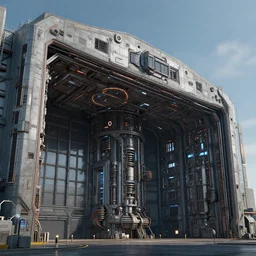 3 d sculpt of massive rectangular hangar maschinen krieger cyberpunk'scifi digital movie camera'' power station'complex industrial military building facade, halo, star wars, ilm, star citizen halo, mass effect, high tech industrial, artstation unreal