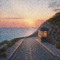 a miniature of a lonely cobblestone street with a kiosk on a cliff over the sea at sunset, DOF, octane render, unreal engine 5, godrays, complementary colors, calm, symmetrical, highly detailed, high quality, 4k, beautiful, hyperrealistic