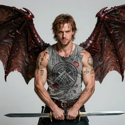 front portrait of attractive Sam Winchester as a muscular warrior holding swords ⚔️ demon wings wide open, teared apart T-Shirt whole body tattooed with runes and satanic symbols, D&D!, fantasy style, sharp focus!, ultra detailed, art by Artgerm and Peter Andrew Jones, WLUP