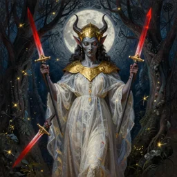 breathtaking detailed soft painting of a saint demon in gauze dress and golden sallet, in night fireflies with crimson blades, in an intricate moonlight forest, rembrandt style, elegant, highly detailed, artstation, concept art, matte, sharp focus, art by tom bagshaw, luis royo and greg rutkowski
