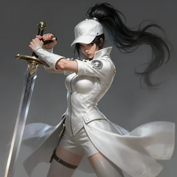 a highly detailed illustration of fierce tall amazon messy ponytail black haired one armed delinquent asian woman wearing white cap wearing long white jacket with cape, dramatic wielding sword pose, muscular, intricate, elegant, highly detailed, centered, digital painting, artstation, concept art, smooth, sharp focus, league of legends concept art, wlop.
