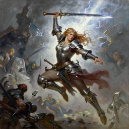 A full portrait oil painting of a berserker woman holding a claymore above her head and jumping into battle, elven armor, by Frank Frazetta, Greg Rutkowski, Boris Vallejo, epic fantasy character art, Exquisite detail, post-processing, low angle, masterpiece, cinematic, lightning