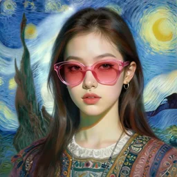 portrait of a beautiful girl, sunglasses, nose piercing, shades of pink, beautiful face, rule of thirds, intricate outfit, spotlight, by greg rutkowski, by jeremy mann, by francoise nielly, by van gogh, digital painting