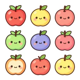 a set of kawaii fruits isolated on white background, illustration, stylized, cartoon, cute, trending on pinterest, featured on artsation, high quality, smooth graphics, fine edges,