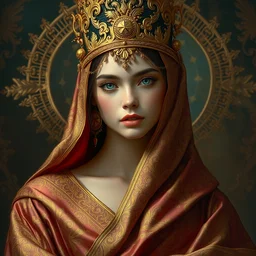 an intricate painting of a beautiful young goddess covered in silk clothes with klimt golden motives and textures, hyper detailed, ornamental gold headpiece, octane render, vivid colors, artstation, by jeremy mann, by alphonse mucha, by boris vallejo