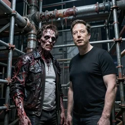 horror of elon musk and mark zuckerberg fused together with scaffolding and pipes, body horror, pipes, disturbing, scary, dark, 4K, creepy